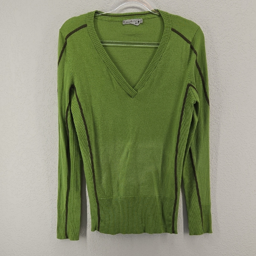 Smartwool Women's Lime Green V-Neck Sweater with Dark Olive Contrast
